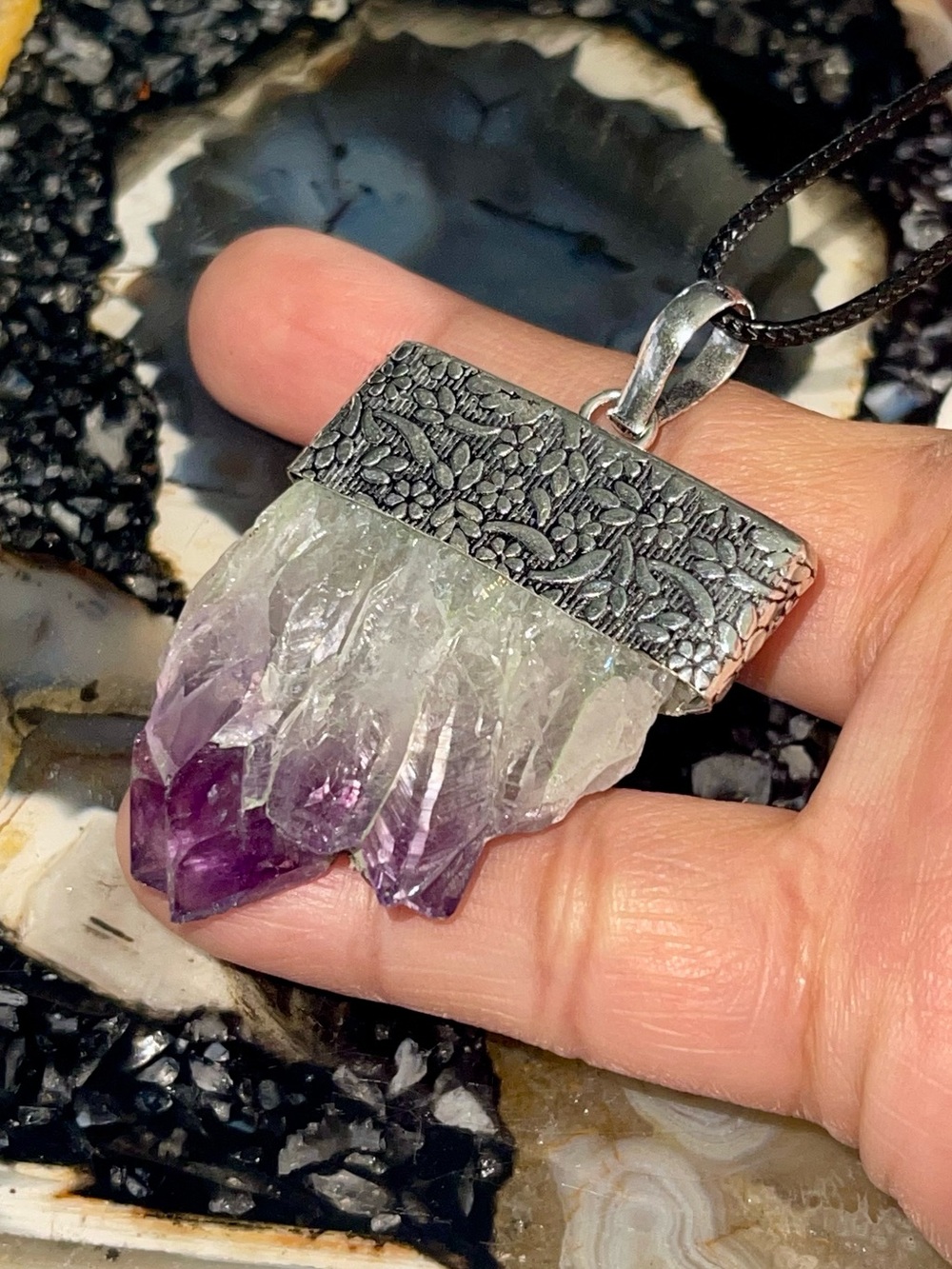 Raw Clusters of Amethyst Crystal Pendant 2 1/4”